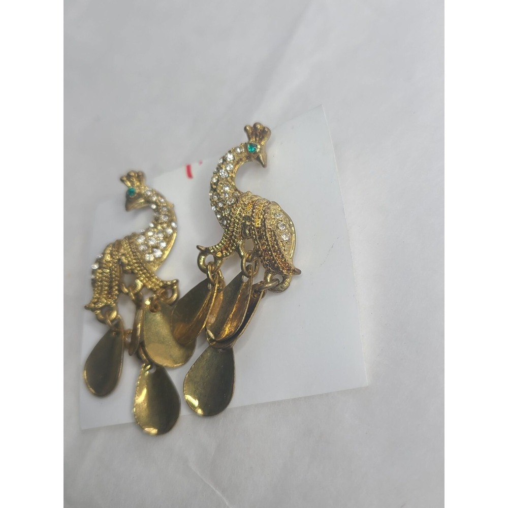 Vintage Gold Peacock Pierced Earrings With Rhinestone & Dangle Drops